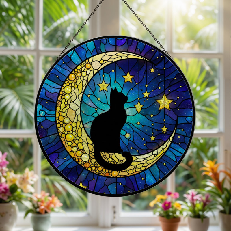 12"H Moon Cat Stained Glass Window Panel, 12" H x 12" W