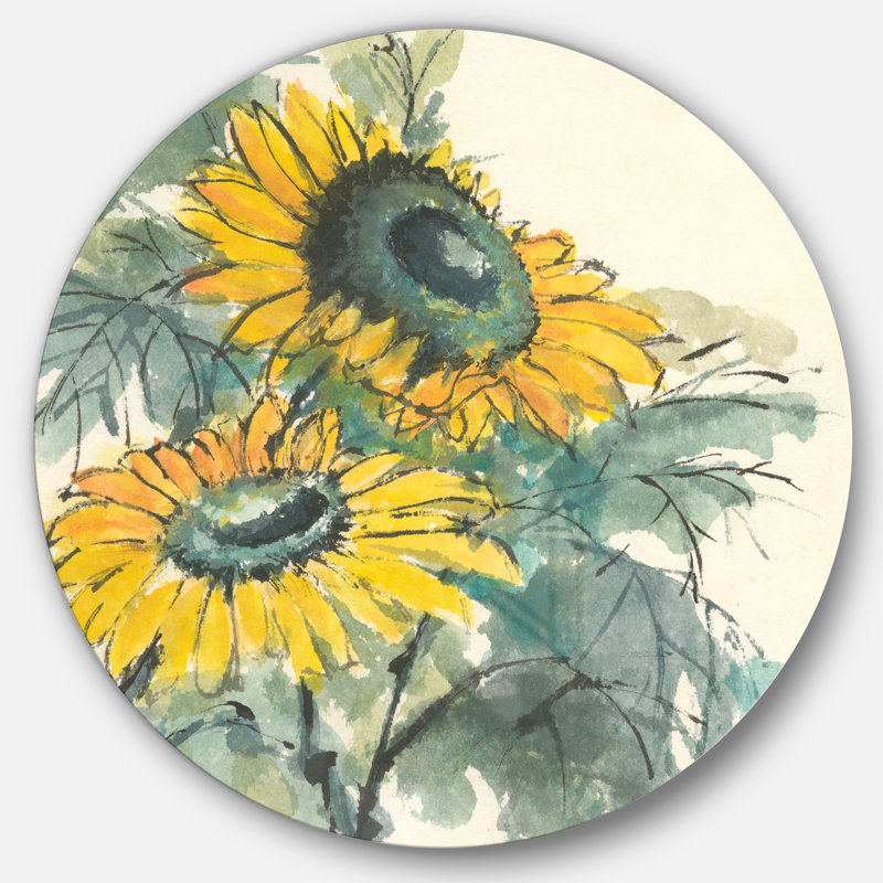 Tournesol traditionnel I - reproduction d'art sur cercle en métal, H 11 po x l 11 po