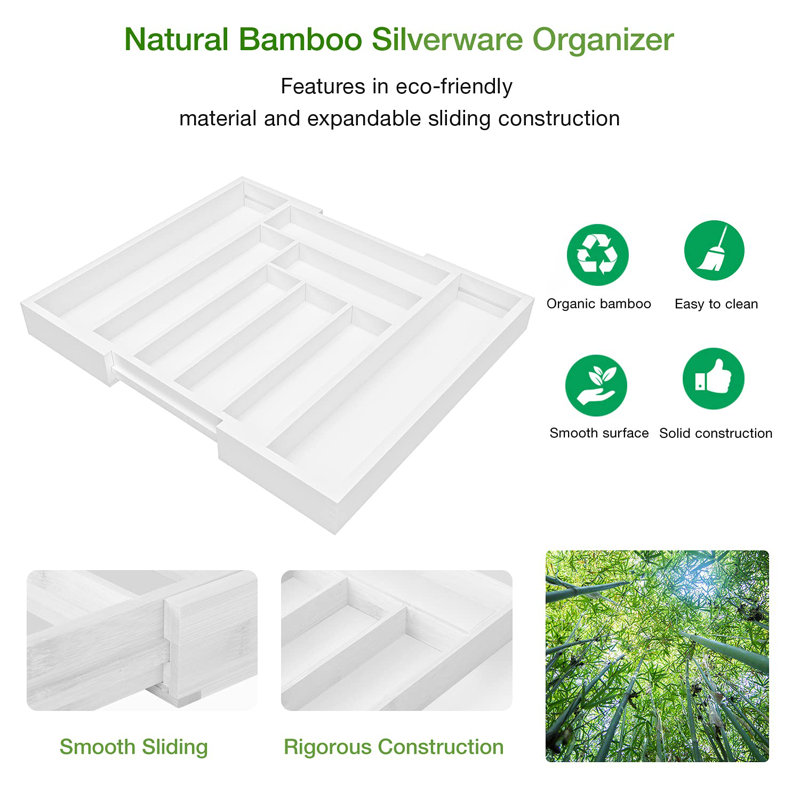 White Bamboo Adjustable Expandable Drawer Organizer