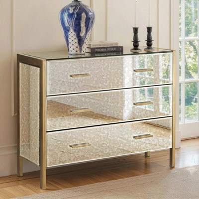 Commode d'appoint à 3 tiroirs en miroir vieilli, meuble de rangement décoratif de style industriel chic avec cadre en bronze pour entrée ou salon