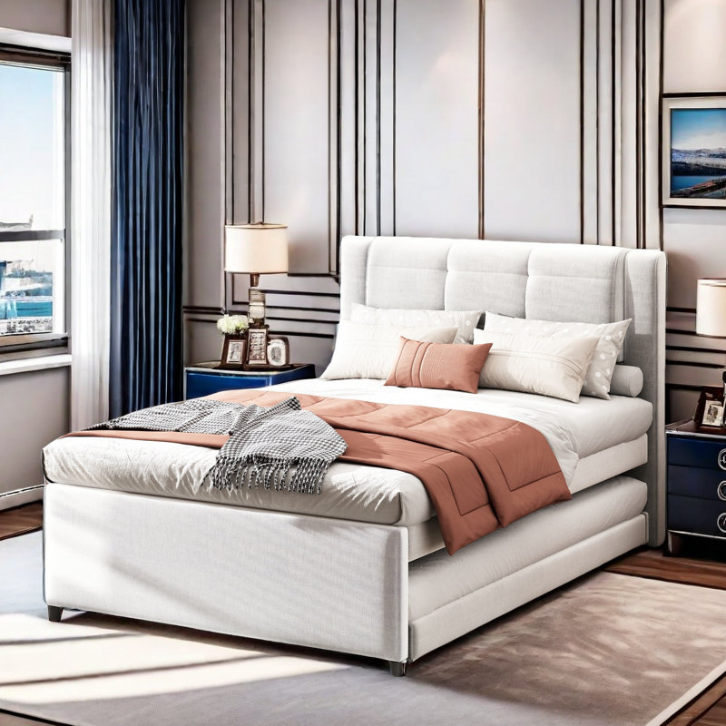 Castries Upholstery Platform Bed with Multifunctional Trundle, Beige