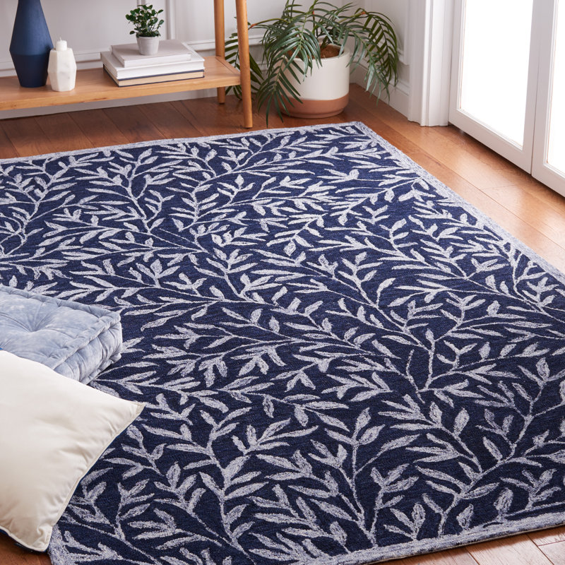 Alduina Floral Handmade Tufted Area Rug in Navy/Ivory, Rectangle 5' x 8'