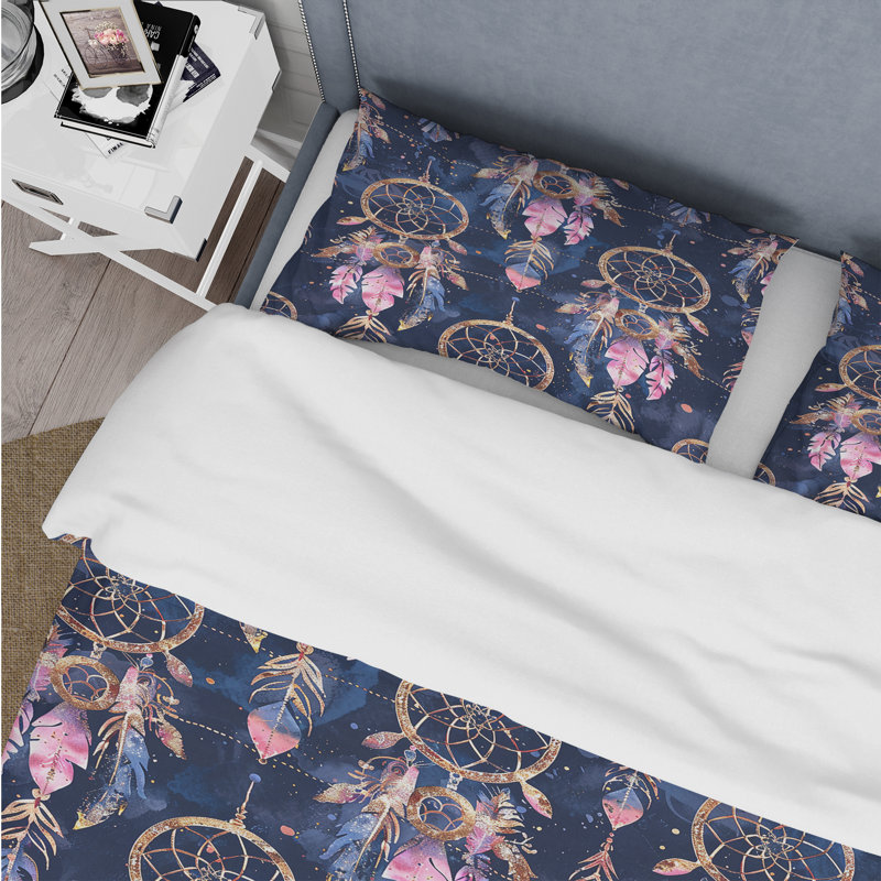 Ensemble de housse de couette Boho rose doré et bleu Dreamcatcher II - Boho, Housse de couette très grand + 2 taies décorativ