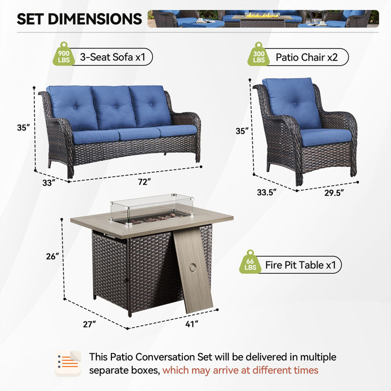 Wendye 4-Piece Outdoor Wicker Furniture Set, 2 Patio Chairs, 3-Seat Sofa & Fire Pit Table, Brown, Blue