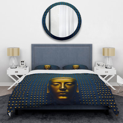 Ensemble de housse de couette en microfibre / polyester Contemporary Buddha In Gold and Blue III Bedding