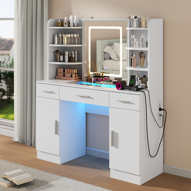 Makeup Vanity Desk With Lighted Mirror & Power Outlet, Makeup Vanity Table With 3 Drawers, 6 Shelves & 2 Cabinets, Tempered Glass Tabletop Dressing Table With LED Lights For Bedroom, White