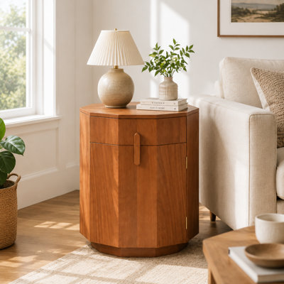 Round Wooden End Table With 1 Drawer And Door