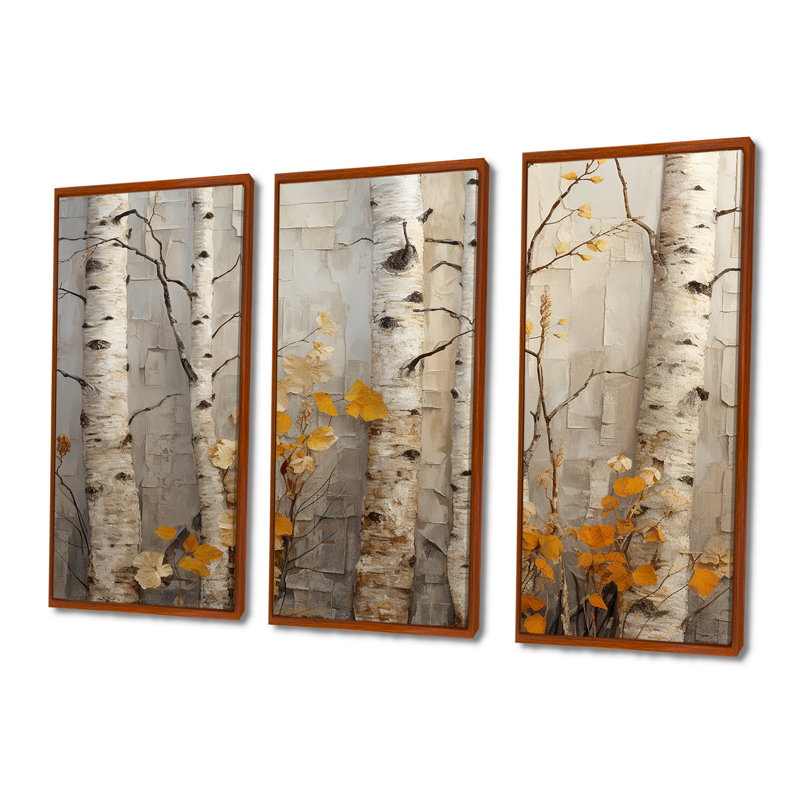 «Autumn Birch Tree Elegance» - art mural arbre, H 28 po x l 36 po, Cadre flottant brun