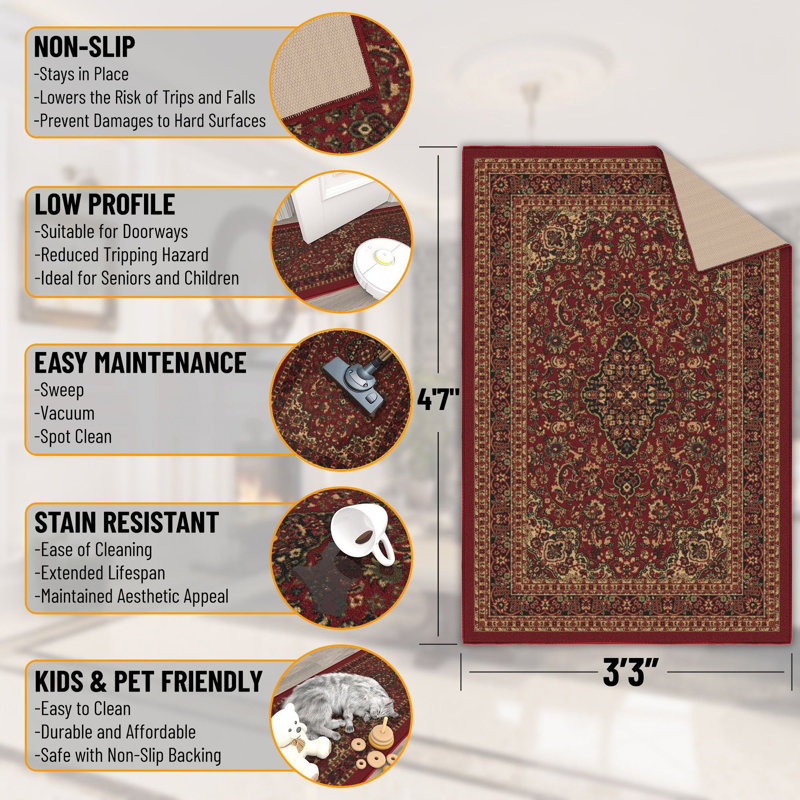Ottohome Non-Slip Medallion Oriental Area Rug For Living Room, Hallway, Entryway Rug, Dark Red, Rectangle 3'3" x 4'7"