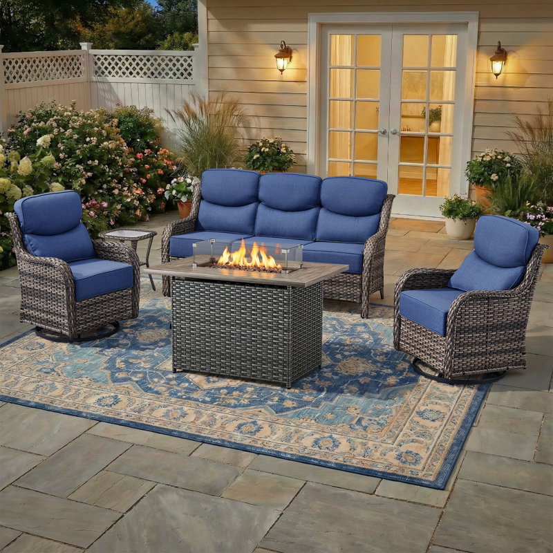 5 - Person Luxury Wicker Patio Furniture Set With Fire Pit Table & 6-Inch Extra-Thick Cushion Swivel Chairs, Side Table, Blue