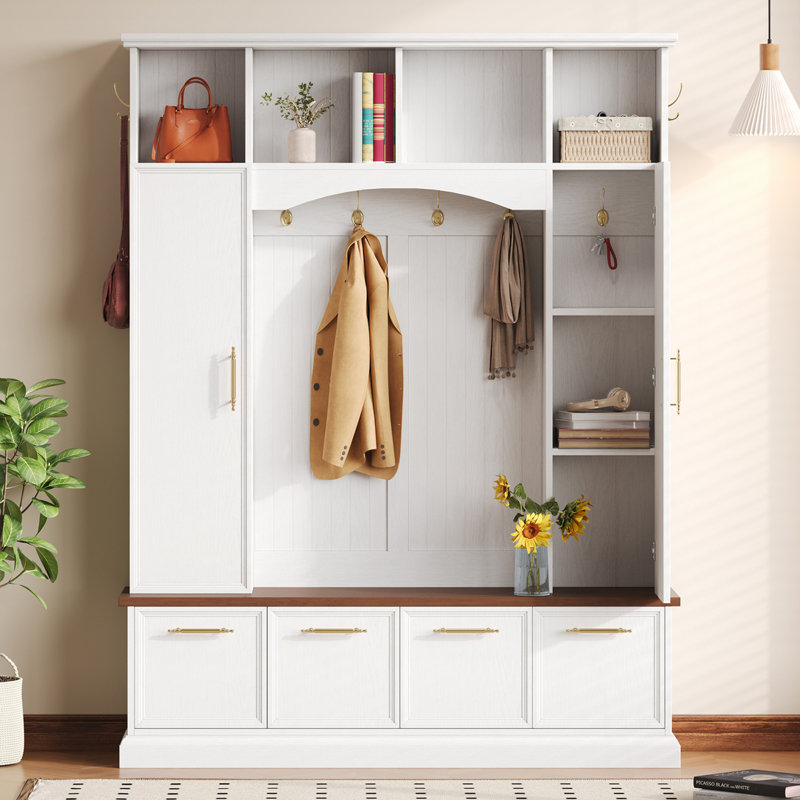 Hall Tree 59.03" Wide With Bench And Storage, White