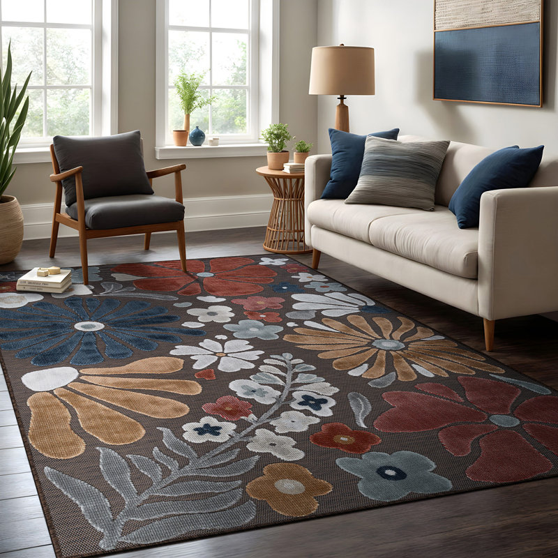 Tapis floral d'intérieur pour l'extérieur, Terracotta, Rectangle 10' x 14'