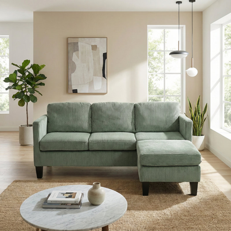67" Modern Velvet Sectional Sofa with Reversible Ottoman – Compact L-Shaped Couch for Small Spaces & Apartments(Olive Green)