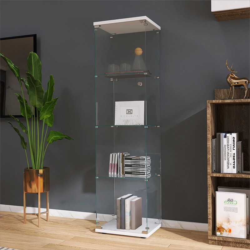 One Door Glass Cabinet Glass Display Cabinet with 4 Shelves, White