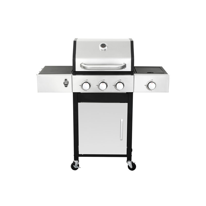 Barbecue d'extérieur avec 3 brûleurs au gaz, brûleur latéral et brûleur de comptoir de chaleur émaillé, fonte réglable