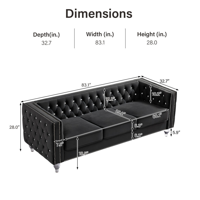 Egidia 83.07'' Velvet Sofa, Black Velvet