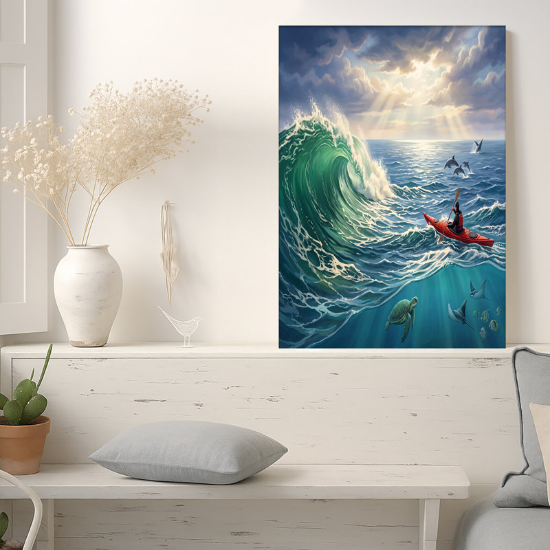 «Red Kayak Paddler in Turquoise Ocean Waves with Sea Turtle», art mural, H 16 po x l 24 po