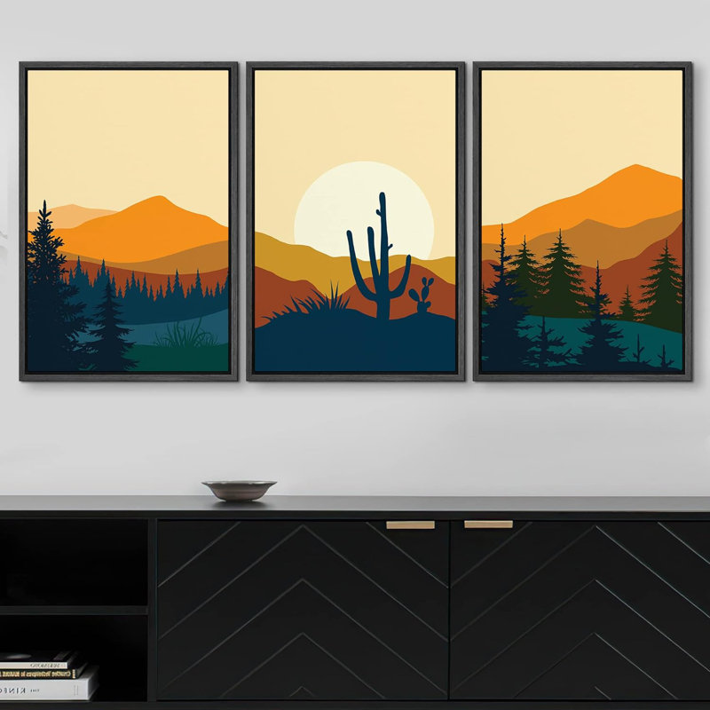 «Southwest Desert Plant Mountain Landscape Nature», impression numérique sur toile 3 pièces, Reproduction avec cadre flottant