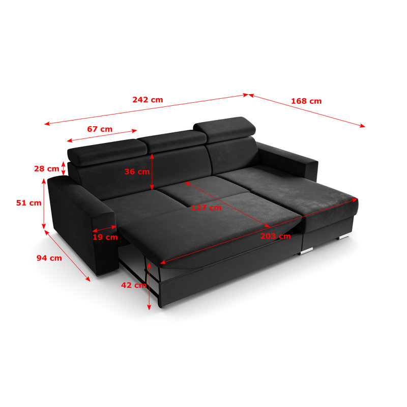 Philbert Corner Sofa Bed, Black Polyester, Right Hand Facing