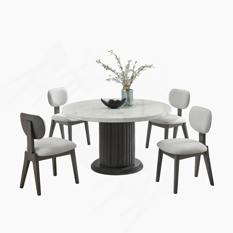 Ensemble de salle à manger 5 pièces rond en faux marbre avec chaises rembourrées et base piédestal pour les espaces de salle à manger modernes.
