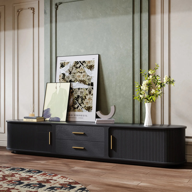 Console média minimaliste en bois avec porte à enroulement, entièrement assemblée, Noir, H 16,54 po x L 94,49 po x l 15,75 po