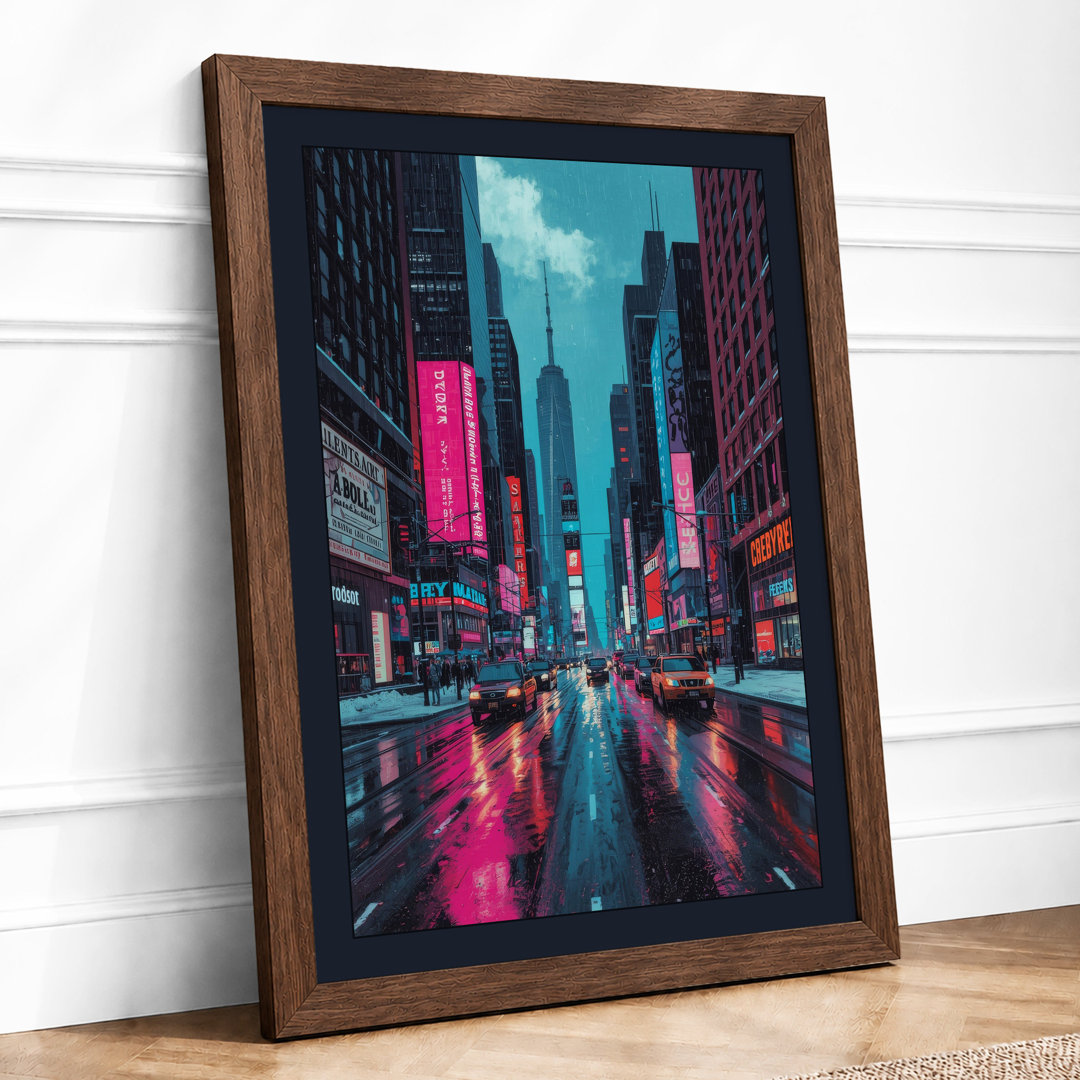 Neon City Rain Modern - Framed Print