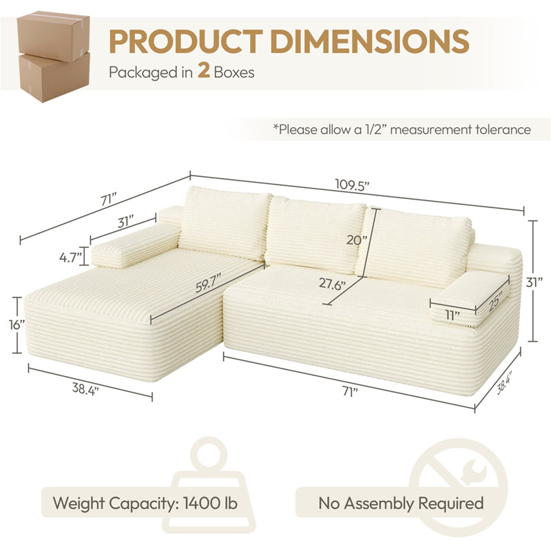 Corduroy Modular Sectional Sofa, Beige