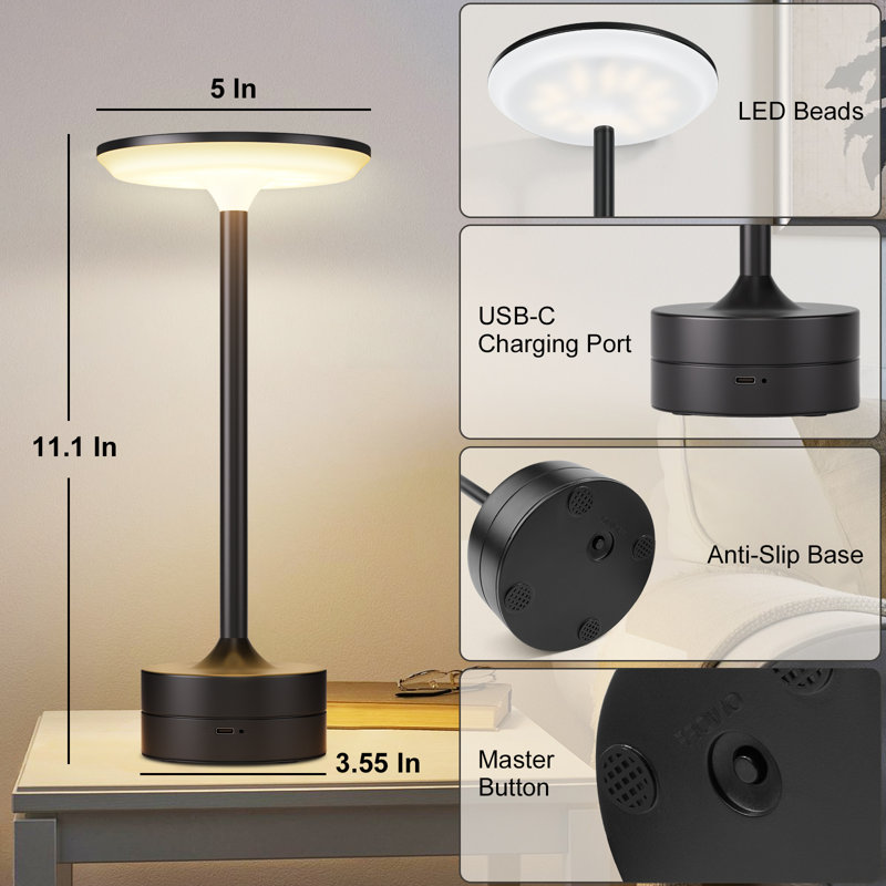 Lampe de table moderne sans fil à DEL à intensité variable noire à contrôle tactile rechargeable pour chambre à coucher, Noir