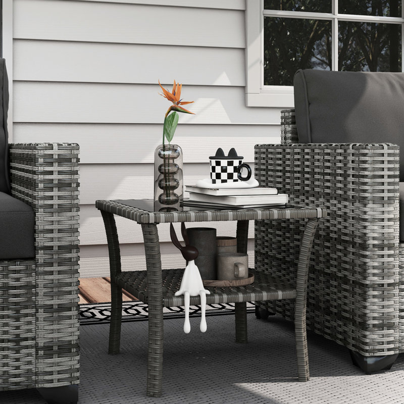 Outdoor End Table With Tempered Glass, Grey , Storage, Aluminum Frame Square Glass Patio Side Table, 2