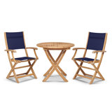 Stella 3-Piece Teak Outdoor Bistro Set Folding Table And Armchairs In White PVC-coated polyester Fabric