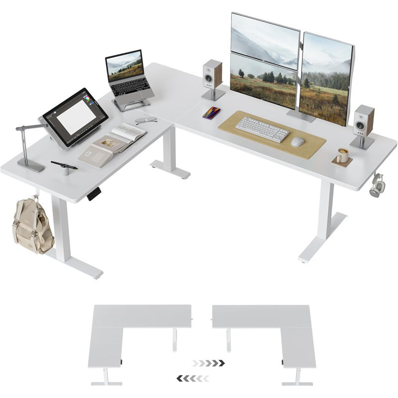 63" L-Shaped Standing Desk with Memory Height Controller, Adjustable Corner Desk for Home Office, White/White