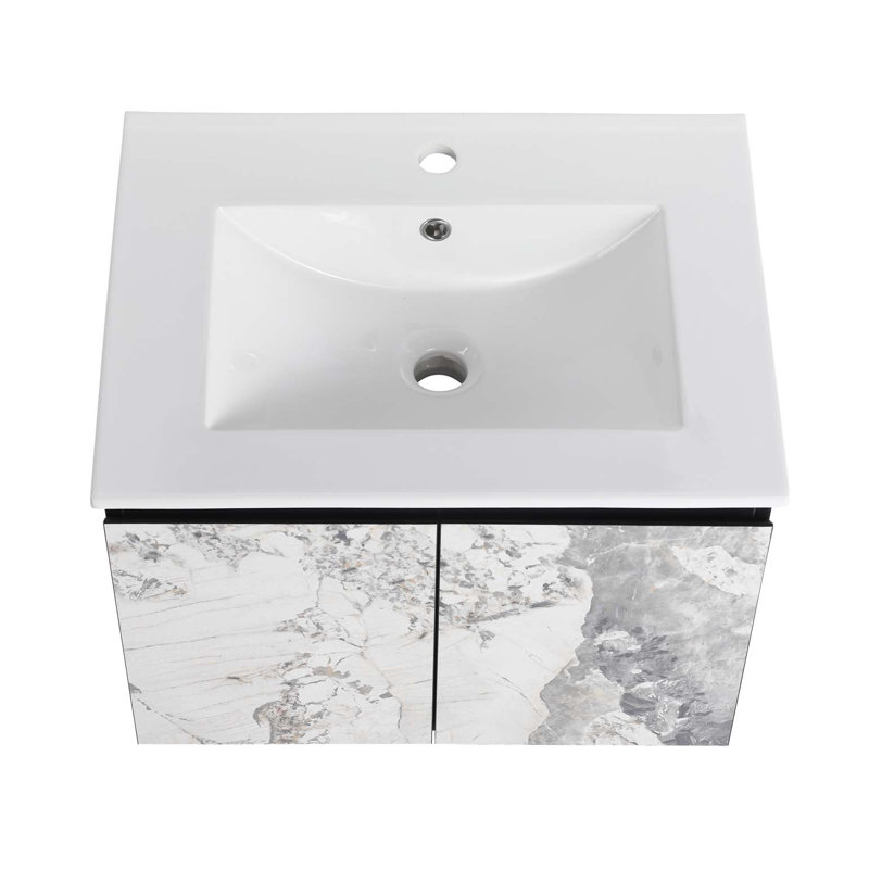 Meuble-lavabo flottant mural avec lavabo en céramique et porte d'armoire à fermeture en douceur