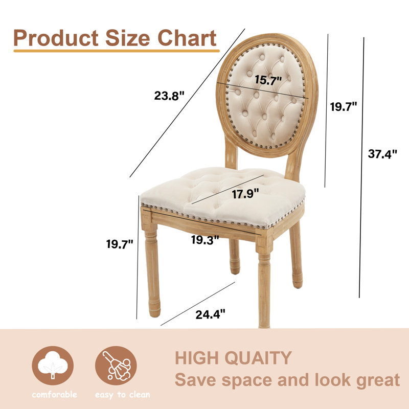 Chaise de salle à manger en bois massif de style français avec garniture cloutée (ensemble de 2), Beige