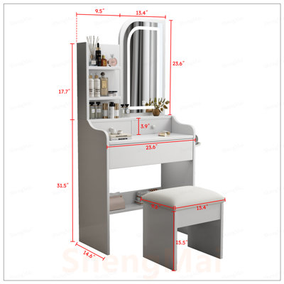 Bureau de coiffeuse Fashion avec miroir, lumières réglables, support pour sèche-cheveux et 3 tiroirs pour le maquillage et le rangement