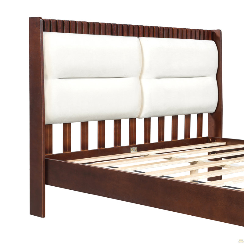 Structure de lit plateforme en bois massif avec tête de lit tapissier en velours beige, espresso et sans sommier tapissier