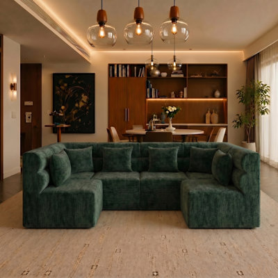 113.38" Modular Sectional Sofa, No Assembly Required Cloud Couch With Deep Seat & Chaise, Modern L-Shaped Boneless Sofa In A Box For Living Room, Apartment, Deep Turquoise Green