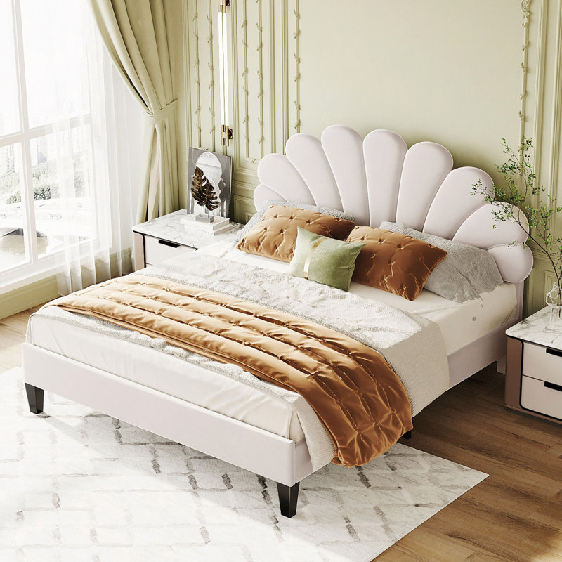 Upholstered Platform Bed With Flower Pattern Velvet Headboard, Beige, Queen