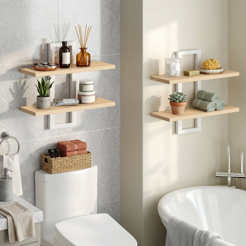 Tablette flottante, tablettes murales, Blanc et bois naturel