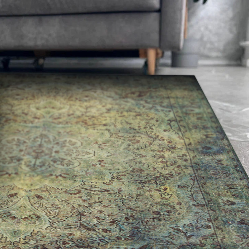 Tapis vert à motif tissé rétro, Rond 6 pi 11 po