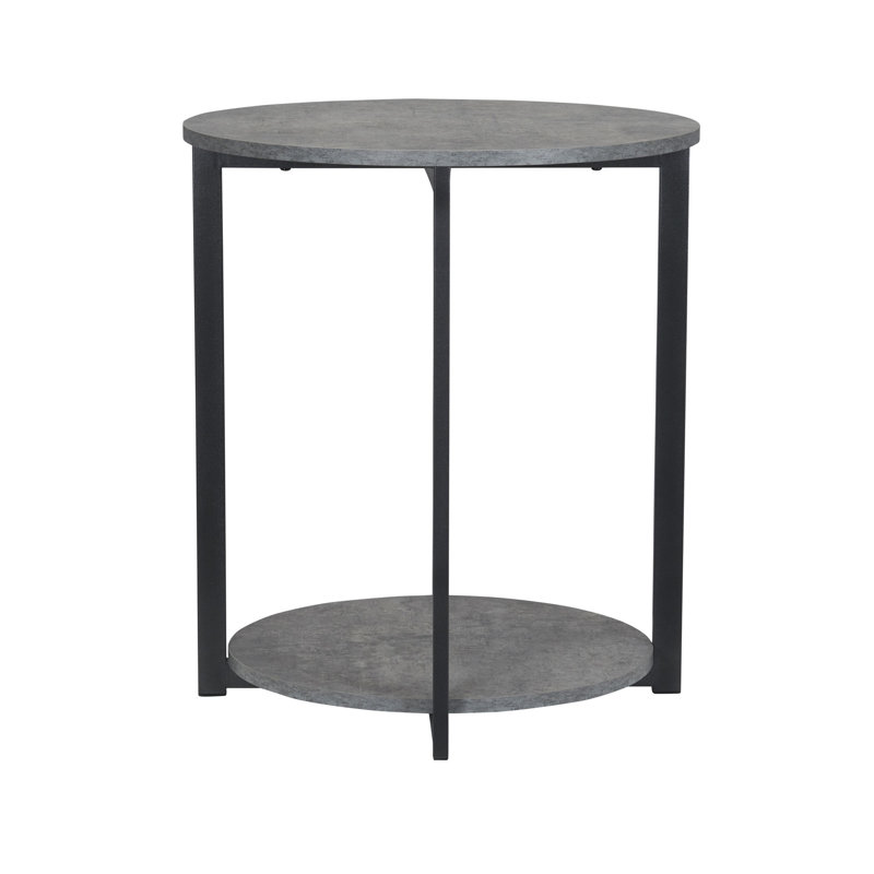 Jamestown Round Side End Table with Storage Shelf Rustic Slate Concrete and Black Metal Frame, Gray