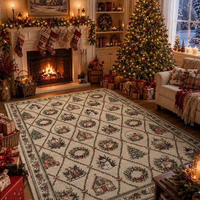 Festive Holiday Season Beige Area Rug with Vintage Deer and Snowman, Soft Indoor Christmas Carpet for Dining Living Room