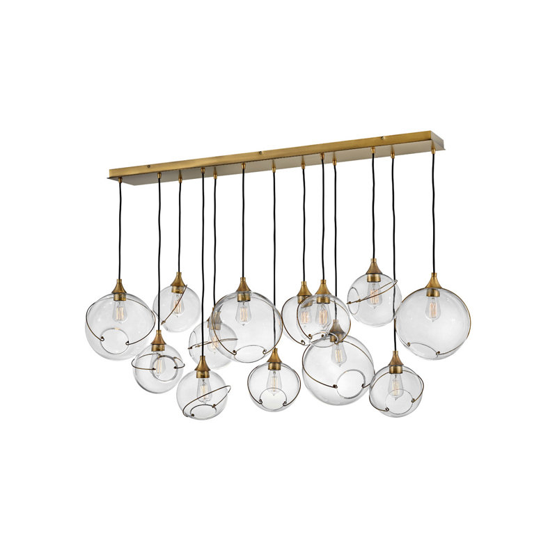 Heritage Brass 13-Light Asymmetrical Linear Pendant with Clear Glass Globes