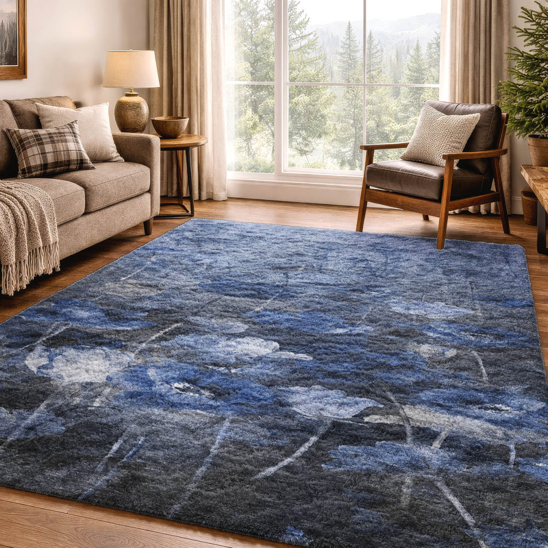Tapis floral à poil long de qualité supérieure lavable à la machine ADS613, Blue, 10 pi x 14 pi