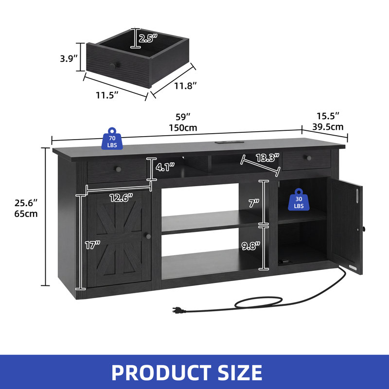 Kavita TV Stand with 2 Drawers and Charging Station, Black, 30" H x 59" W x 15.5" D