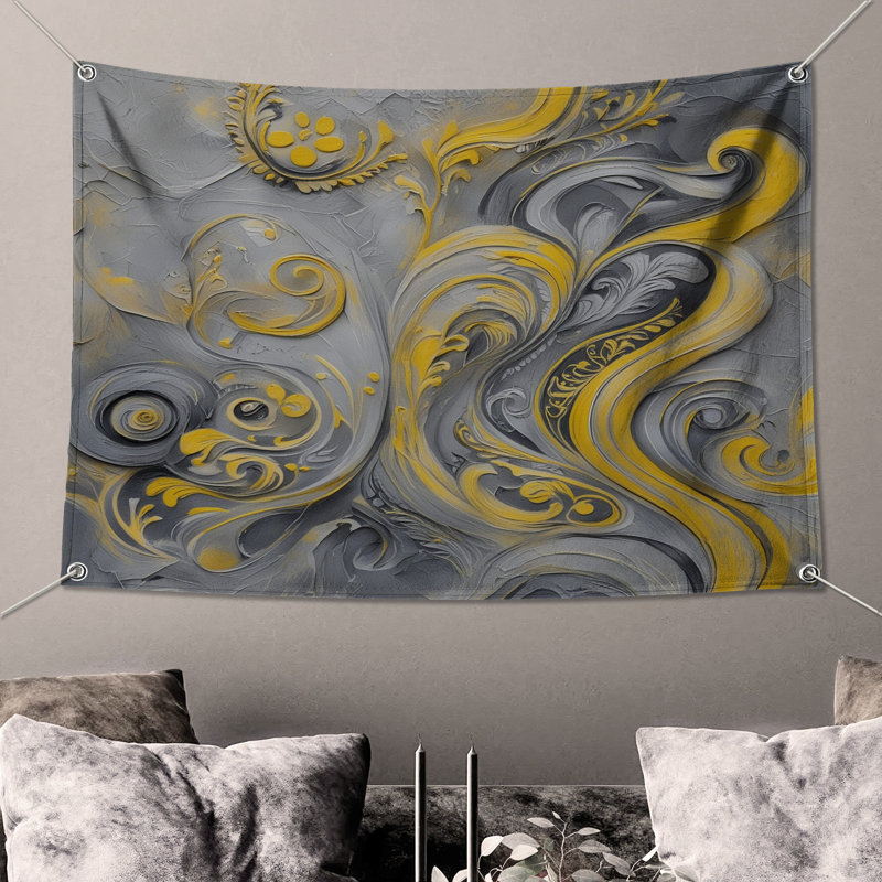 Tapisserie murale jaune tourbillons gris et ornementaux, H 104 po x 88 avec 4 œillets