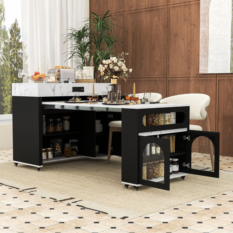 Îlot de cuisine avec tiroirs, prise de courant et armoire de rangement, Noir