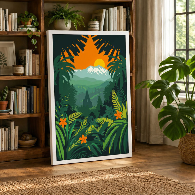 Mountain Through Jungle Tropical - Wrapped Canvas, 18x12 - 45.7 x 30.5 cm, Terracotta Border