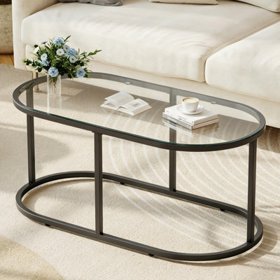 Table basse ovale avec structure métallique robuste, table d'appoint moderne en verre trempé pour chambre ou bureau à domicile