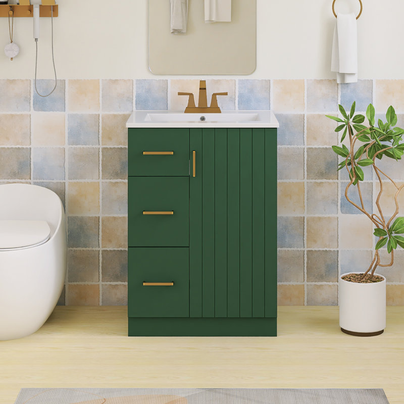 24'' Freestanding Single Sink Bathroom Vanity With Ceramic Top, Green / Gold