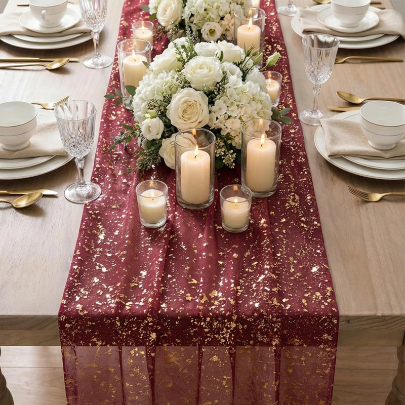 Chemin de table en gaze bourgogne et or, 6 pièces, 3 m (120 pouces), paillettes métallisées, transparent, idéal pour décorer une table lors d'un repas, un mariage, un anniversaire ou toute autre occasion spéciale à la maison.